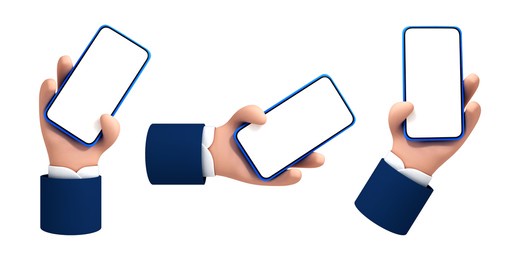 vector cartoon hand holding smartphone with white blank screen isolated on white background.