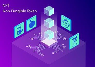 nft non-fungible token concept infographic. 3d isometric vector illustration of this blockchain technology to sell and purchase digital artwork.