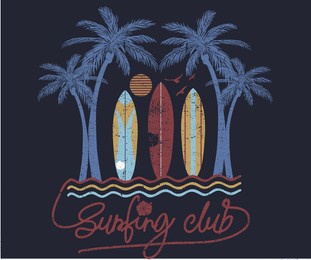 palm beach with surf board vector print design. surfing club vintage artwork for apparel and other uses. 