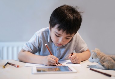 school kid using colour pen drawing and painting on paper, a boy using tablet for homework, child colouring dog toys on paper, e-learning online education 