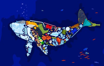 save the ocean . different waste polluting sea and beach in a shape of whale. banner, poster. microplastics - threat to ecosystem. plastic pollution ecology crisis. big problem. vector illustration