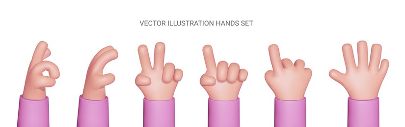 set of cartoon 3d hands . hand group. peace sign, ok sign tap, point out hand, high five hand men and women arms decoration 3d object isolated. vector illustration