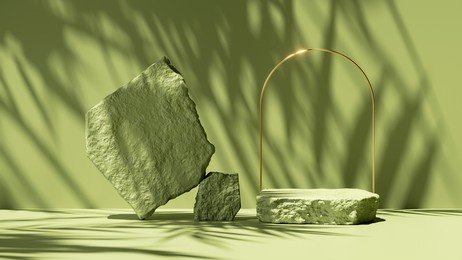 3d render, abstract green background with shadows and bright sunlight. minimal showcase scene with cobblestones podium and golden arch for organic cosmetic product presentation