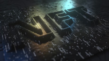 nft or non-fungible token text made made with golden contacts and flashing lamps. modern digital technology concept, 3d rendering
