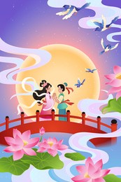 qixi festival banner. illustration of weaver girl and cowherd at the bridge on lotus pond with blue magpie flying around