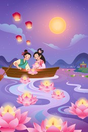 qixi festival banner. illustration of cowherd putting lightened candles onto river flowers with weaver girl on the boat