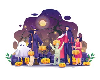 people in halloween costumes carrying pumpkins celebrate halloween night event flat vector illustration