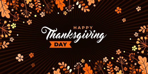 happy thanksgiving day. vector banner, greeting card with text happy thanksgiving day for social media. vignette, frame with autumn leaves and berries. orange leaves of oak, ash on black background.