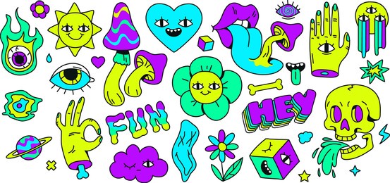 neon cartoon psychedelic hippy stickers with mushrooms and eyes. hallucination elements, heart, skull, emoji and ok hand. groovy vector set of psychedelic and hallucination elements