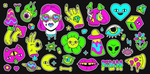 psychedelic retro space, rainbow and surreal elements sticker. abstract cartoon emoji, girl and cat character. holutination vector set. illustration of surreal art bright, sticker emoji surrealism