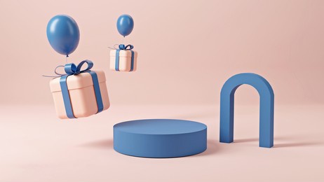 3d rendering of promotion sale with gifts  and balloon on minimal pink blue background.
