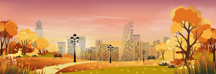 autumn cityscape with sunset sky background,dramatic sunrise over the city,twilight skyline landscape with yellow, orange and blue sky in the town,vector horizon skyscraper,sunrise for fall season