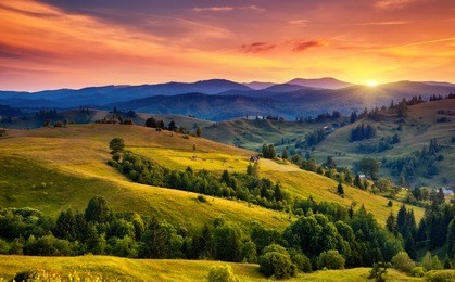 beautiful green hills at dusk. carpathian, ukraine, europe. beauty world.
