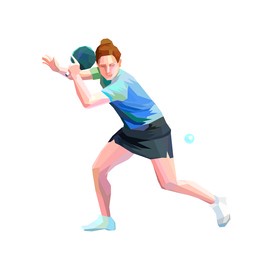 a professional woman table tennis player skillfully twists the ball. ping pong triangle color polygonal athlete. 