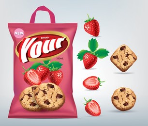 design packaging for strawberry flavor cookie with a carry handle.illustration vector