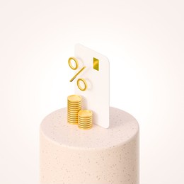 concept of cashback with credit card, online shopping. illustration for business and marketing. white bank card with golden coins and a percentage sign on a stone cylinder. 3d render