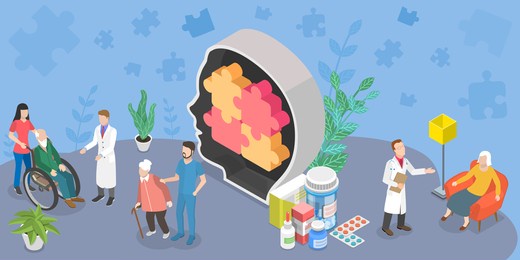 3d isometric flat conceptual illustration of alzheimer disease, memory loss treatments