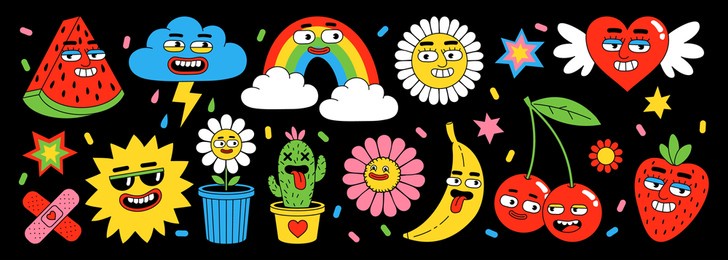 sticker pack of funny cartoon characters. vector illustration of comic heart, sun, fruits, berry, rainbow, clouds, flower, abstract faces etc. big set of comic elements in trendy retro cartoon style.