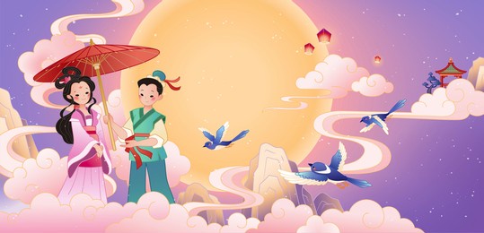 qixi festival banner. illustration of cowherd holding an umbrella for weaver girl in front of the full moon