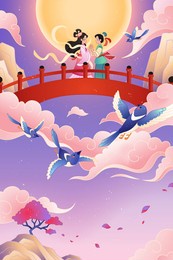 qixi festival banner. illustration of weaver girl and cowherd holding hand on the bridge close to the full moon