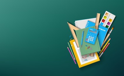 vector illustration with school supplies.a school textbook, notebooks and other stationery on the background of a school green board.a template for congratulations on the beginning of the school year.
