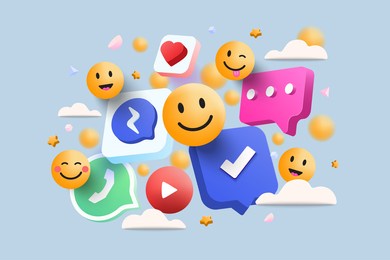 3d social media platform, online social communication applications concept, emoji, hearts, chat on light blue background. 3d vector illustration