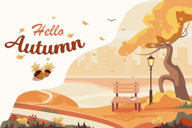 autumn landscape with town buildings on a background. city park. postcard hello autumn. cool weather. nature in warm colors. vector illustration of nature and forest. fall palette. poster design.
