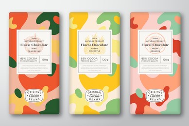 chocolate labels set. abstract vector packaging design layouts collection. modern typography, hand drawn tangerine, orange, pineapple sketches and colorful camouflage pattern background. isolated.