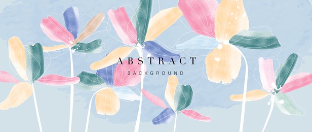 flower watercolor art background vector. wallpaper design with floral paint brush line art. leaves and flowers nature design for cover, wall art, invitation, fabric, poster, canvas print.