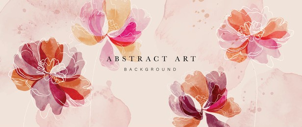 flower watercolor art background vector. wallpaper design with floral paint brush line art. leaves and flowers nature design for cover, wall art, invitation, fabric, poster, canvas print.
