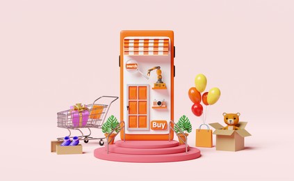 stage podium with orange mobile phone or smartphone store front,balloon,cart,paper bags,goods cardboard box,shopping paper bags,online shopping summer sale concept, 3d illustration or 3d render