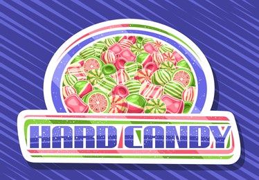 vector logo for hard candy, decorative cut paper sign board with illustration of assorted bubblegums and striped cute candies, poster with unique lettering for blue words hard candy for sweet store.
