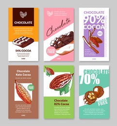 collection of package label chocolate design vector flat illustration. set of sweet bars engraved vintage template. food dessert pack with place for text. sugar free, cocoa, keto healthy meal