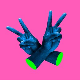modern art collage in pop-art style. contemporary minimalistic artwork in neon bold colors with hands showing victory sign. psychedelic design pattern. template with space for text.