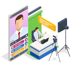 isometric video blogger recording video with camera. journalist. tutorial blogger, blog online, web vlogger. online influencer vlogger girl cocial media live steaming concept