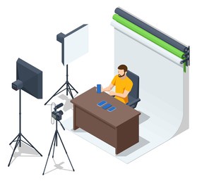 isometric video blogger recording video with camera. journalist. tutorial blogger, blog online, web vlogger. online influencer vlogger girl cocial media live steaming concept