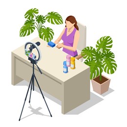 isometric video blogger recording video with camera. tutorial blogger, blog online, web vlogger. online influencer vlogger girl cocial media live steaming concept