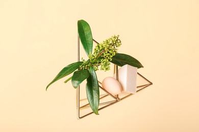 makeup sponges with plant branch and decor on color background