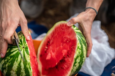 man cuts watermelon, picnic outside