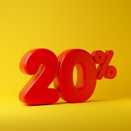 red twenty percent or 20 % isolated over yellow background. 3d rendering.