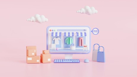 shopping on-line. online store on the website application. background. digital marketing shop concept. 3d illustration