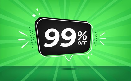 99% off. green banner with ninety-nine percent discount on a black balloon for mega big sales.