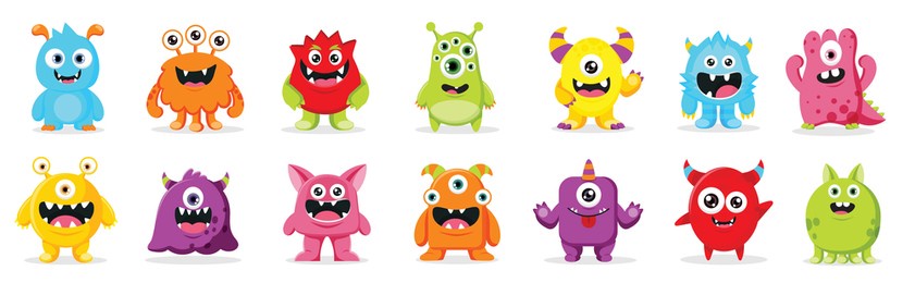 cute  monsters  vector set. kids cartoon character design for poster, baby products logo and packaging design.