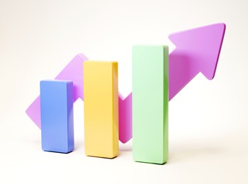 3d illustration of a bar graph and arrow going upwards. financial chart elements isolated on white background. concept of growth and improvement.