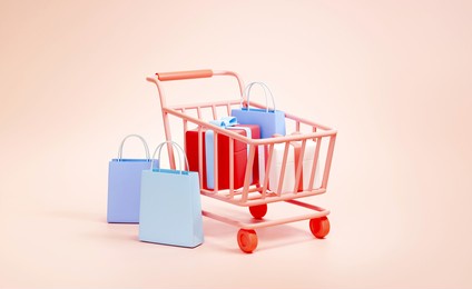 3d render of a shopping trolley with a gift box and shopping bags on pink background