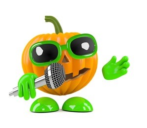 3d render of a pumpkin character holding a microphone