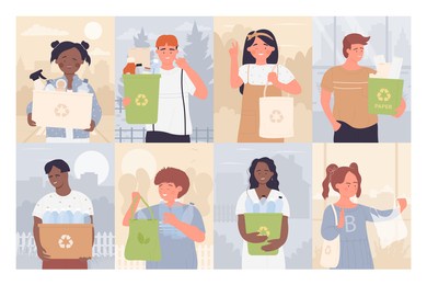 people sorting garbage set vector illustration. cartoon woman man characters holding bags or trash bin containers to sort waste rubbish, kids collect, care ecology environment collection background