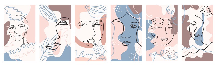 set of woman's face continuous line art. abstract contemporary collage of geometric shapes in a modern trendy style