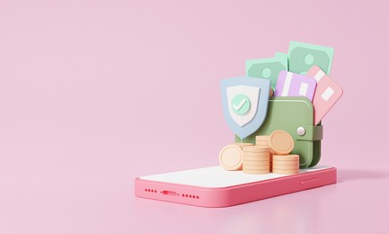 money wallet on smartphone. security concept. coins, debit ,credit card finance saving online payment transfer on isolated pink background, banner, illustration. 3d rendering