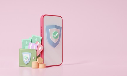 mobile online payment system credit or debit card wallet security concept. financial transactions on internet connect all over world, cashback, minimal cartoon style, 3d render